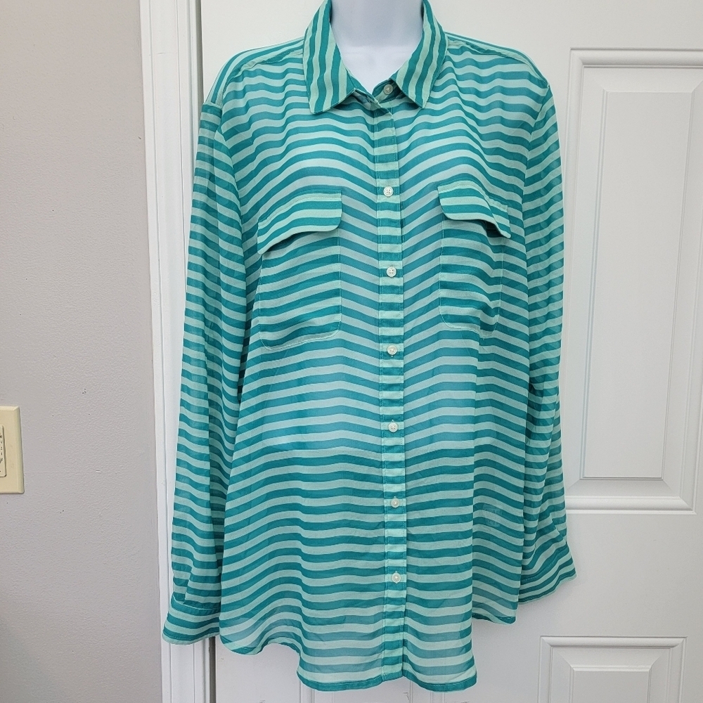 Old Navy Women’s Blouse Top Tunic Sheer Teal Aqua Stripe Mermaidecore Size XL